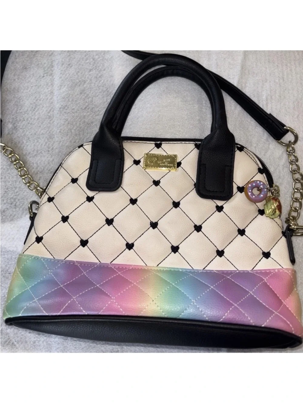 Betsey Johnson Cream Quilted Satchel with Rainbow Stripe Panel(NWOT)